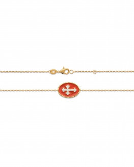 Bracelet chaîne plaque émail rouge croix brillants plaqué or - Atelier bijoux Madame Vedette