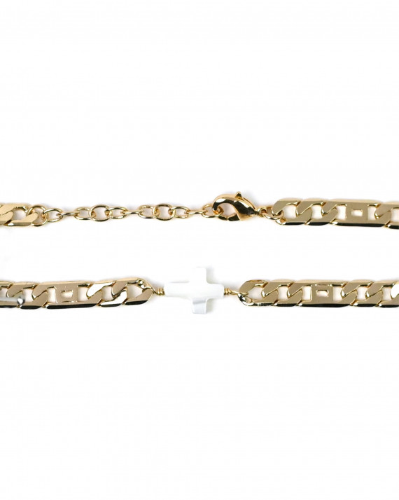 Bracelet femme maille large plaqué or croix nacre - Atelier bijoux Madame Vedette