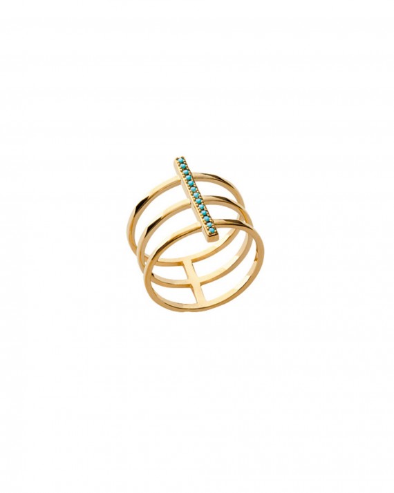 Bague tendance triple anneau plaqué or turquoises - Bijoux créateur femme - Madame Vedette